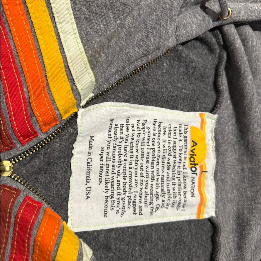 Aviator Nation Gray Zip Hoodie with Retro Yellow Orange red white stripes - Picture 9 of 14